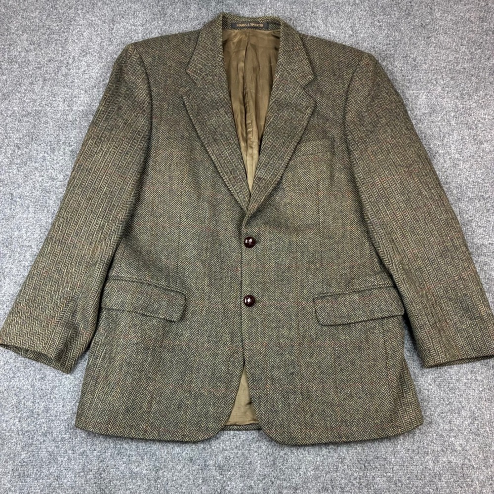 Marks & Spencer St Michael Wool Herringbone Blazer Green Check 40M Made UK Stain